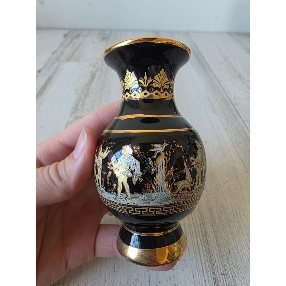 Vintage Olympia Greece mini black vase 24K decor gold‎